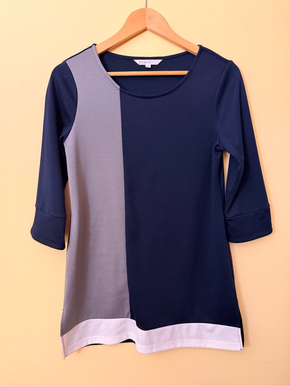Cleo Women’s Small Colour Block Tunic Top 3/4 Sleeve Navy Grey
